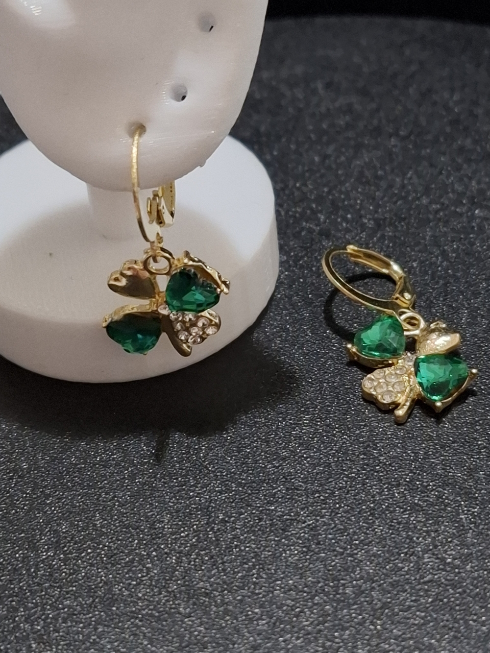 Gold-Tone Clover Drop Earrings with Emerald Green Hearts